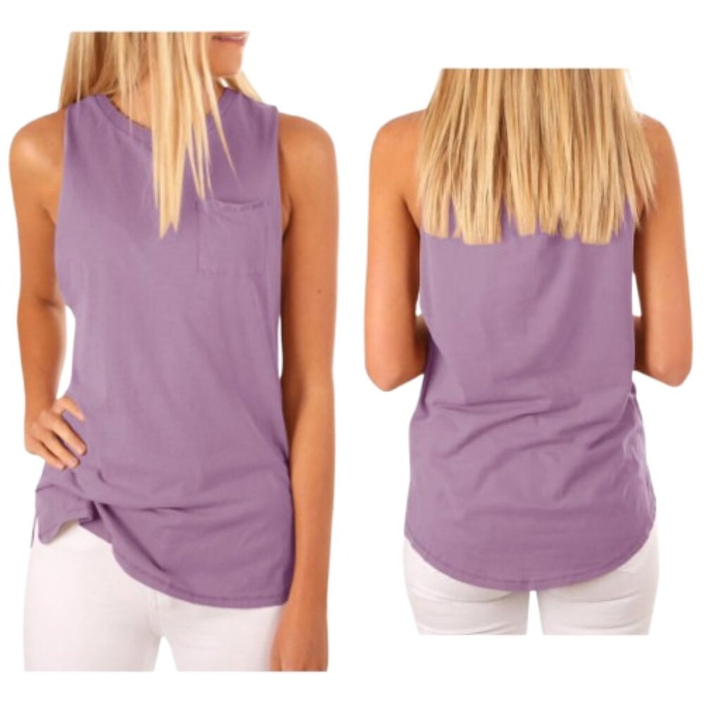 Purple Sleeveless Tank Top Pocket Square Crewneck Solid Blouse Classic